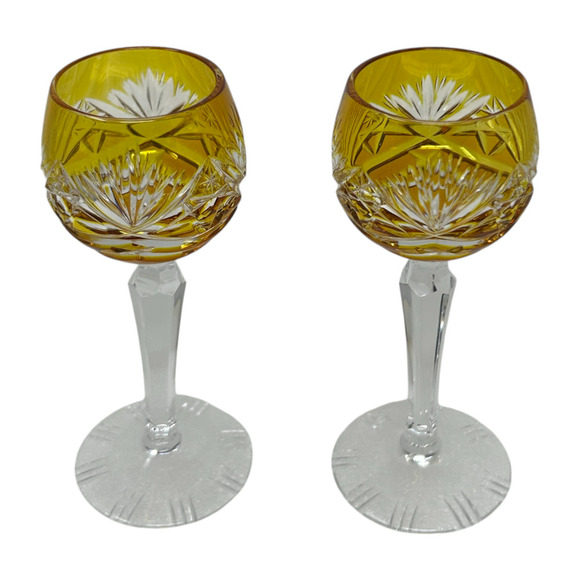 Nachtmann Traube Amber Yellow Cordial 4.75” Cut To Clear Crystal Glass Set 2 - Picture 2 of 16